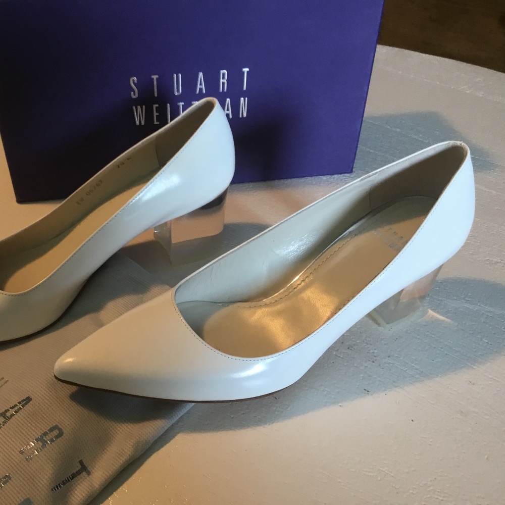 Stuart Weizman White Leather Acrylic Heel Pump